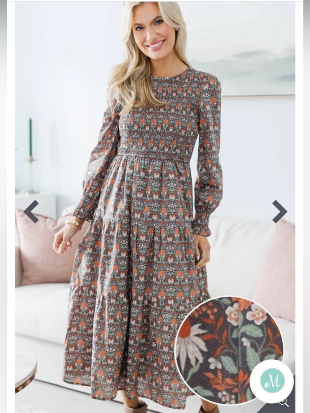 Nursing long Sleeve Floral smocked prairie Maxi Dress Rust and Green